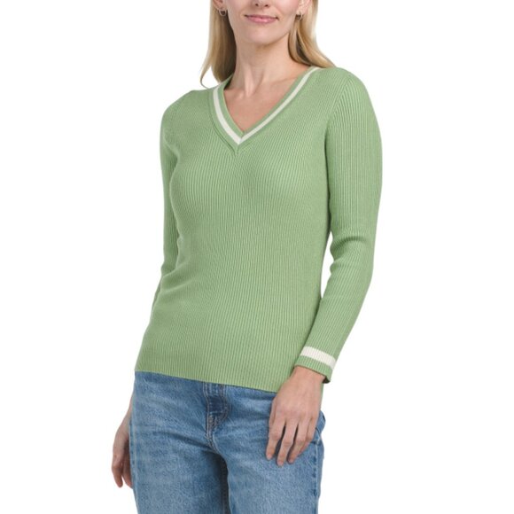 METRIC KNITS Ivory/Green Ribbed Sweater - Picture 1 of 2
